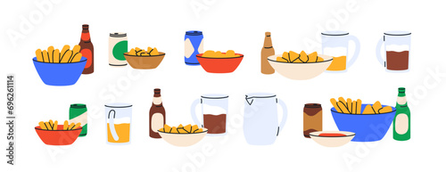 Beer and salty snacks set. Alcohol drinks in bottles, glass mugs, cans and fast food in bowls. Appetizers, potato chips, nachos, French fries. Flat vector illustrations isolated on white background