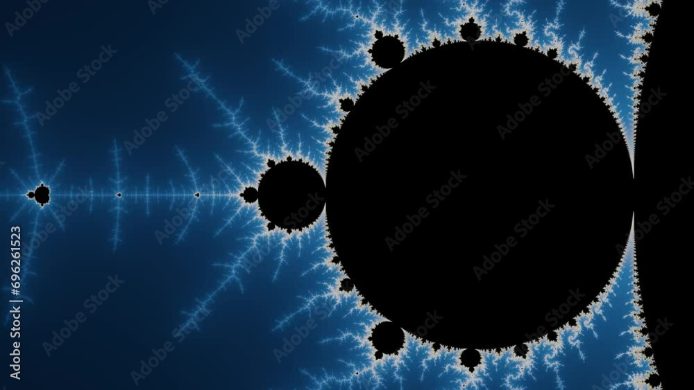 Zooming in to Mandelbrot fractal. Infinite complexity and randomness concept.