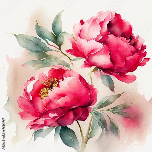 Peony flowers in watercolor style. Red and pink peony flowers in bloom.