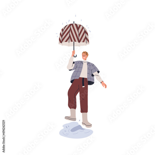 Happy character walking in rain. Smiling excited person strolling under umbrella in rainy weather, stepping into puddle in rubber boots. Flat graphic vector illustration isolated on white background