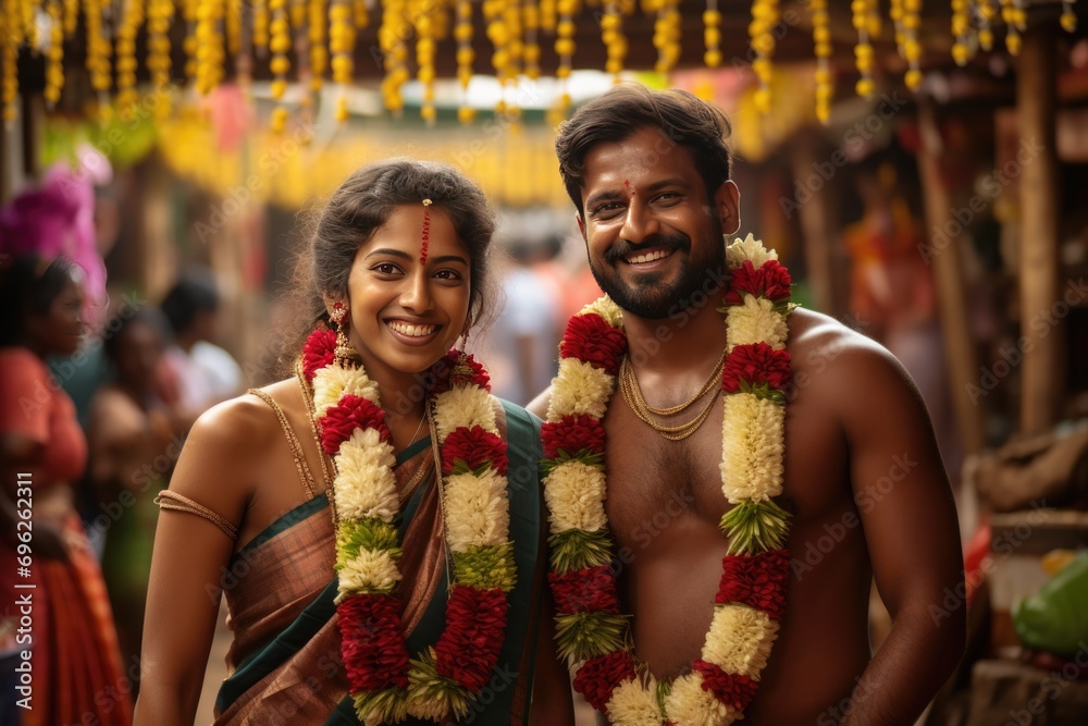 Naklejka premium A happy couple wearing traditional garb and jewelry, standing together in a festive atmosphere. A fictional character created by Generated AI. 