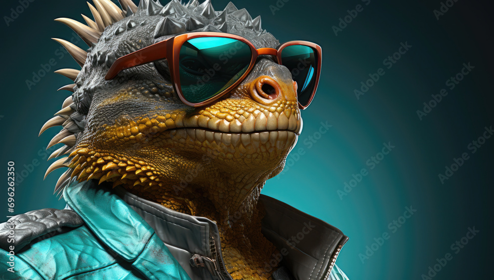 Fototapeta Edgy iguana character donning reflective sunglasses and a bomber jacket, embodying a rebellious spirit.