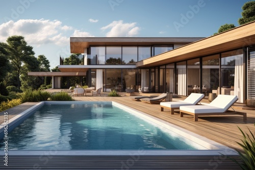 3d rendering of modern cozy house with pool and parking for sale or rent, 3D rendering portraying a modern house terrace with a swimming pool, AI Generated © Iftikhar alam