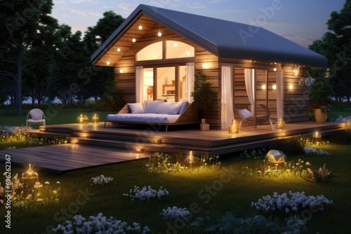 3d rendering of modern cozy chalet in garden at night, A 3D rendering features a small house on the grass with a lot of lights, AI Generated © Iftikhar alam