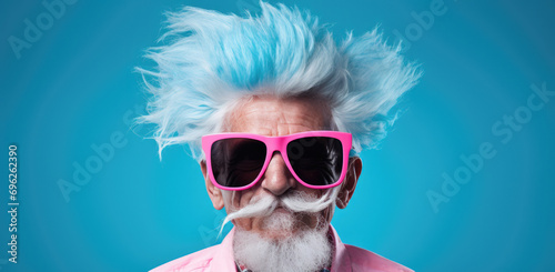 Eccentric elder with a wild blue mane and oversized pink sunglasses, exuding quirky charm and vitality.