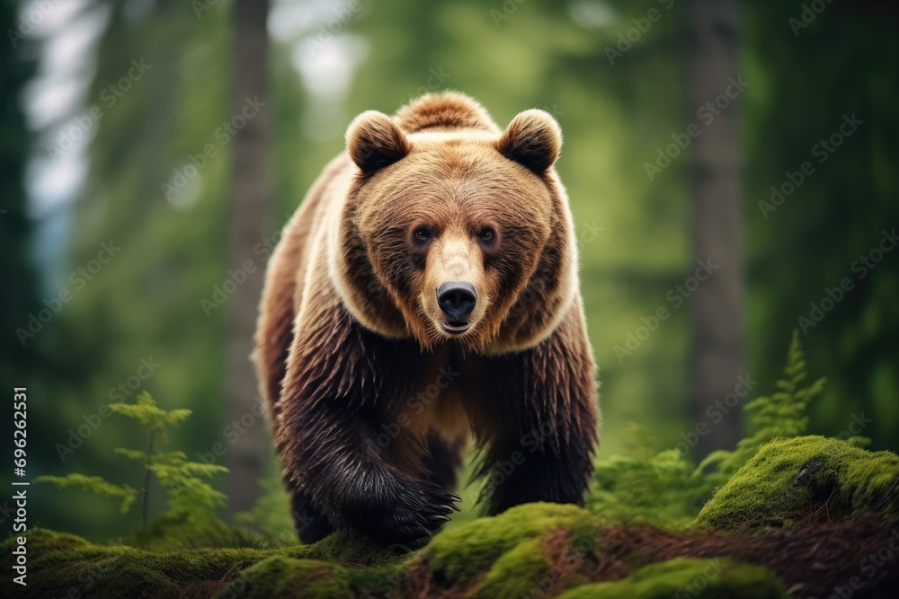 Big brown bear in the forest. Wildlife scene. Animal in the nature habitat, A brown bear in the forest, depicted in a close-up view of a wild animal, AI Generated