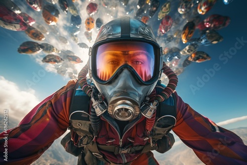 Photo Astronaut in helmet and gas mask flying in the sky, A brave skydiver in the open