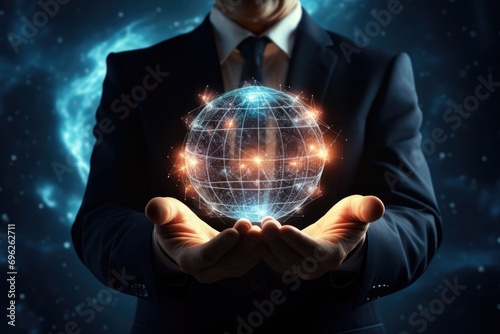 Close up of businessman holding global network in palm. 3D rendering, A businessman holds the global network connection in his hands in a 3D rendering, AI Generated