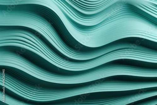  Abstract turquoise background in the form of waves. Carved shapes bending like waves. Wavelike volumetric pattern on the wall. Modern design.