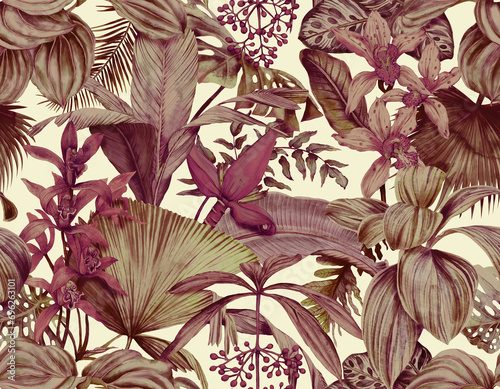 Fototapeta Naklejka Na Ścianę i Meble -  Tropical botanical wallpaper with leaves and orchids. Seamless pattern with tropical leaves and flowers. Illustration drawn in watercolor