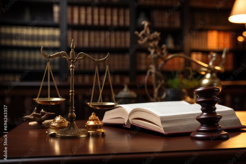 Law theme. Mallet of judge, scale of justice, books and wooden desk, A close-up of a wooden lawyer table with a judge's gavel and a golden weight balance, with a library in the, AI Generated