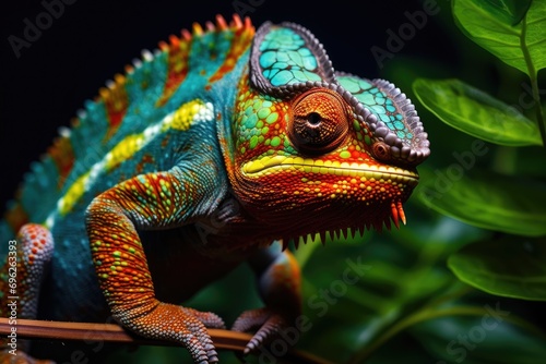 Colorful chameleon on a branch. Close-up, A close-up view captures a colorful chameleon on green leaves, showcasing wildlife animals, AI Generated