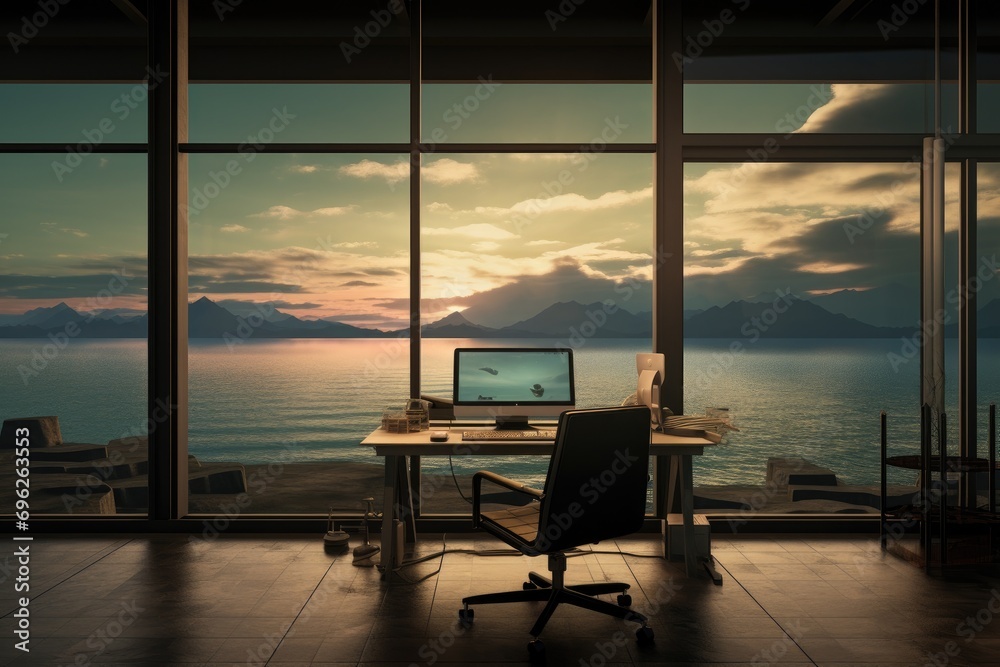 Modern office interior with sea view and sunset. 3D Rendering, A computer room offers a view of the sea, islands, and the sky, AI Generated Modern office interior with sea view and sunset. 3D Rendering, A computer room offers a view of the sea, islands, and the sky, AI Generated