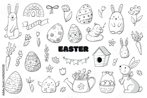 Set of Easter monochrome doodles, clip art, cartoon elements isolated on white background for coloring pages, prints, posters, cards, banners, scrapbooking, stickers, planners, etc. EPS 10 photo