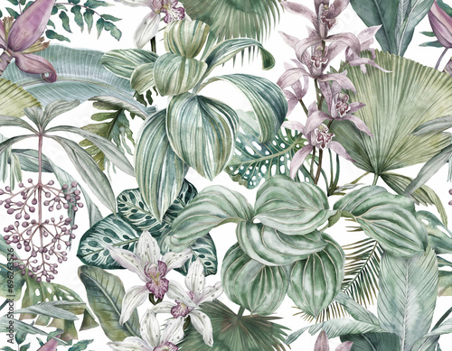 Tropical botanical wallpaper with leaves and orchids. Seamless pattern with tropical leaves and flowers. Illustration drawn in watercolor photo