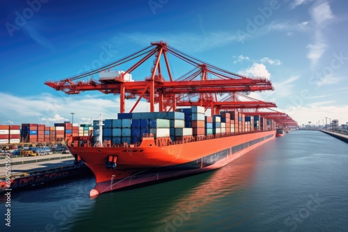 A container cargo freight ship  along with a working crane bridge in a shipyard  contributes to a logistic import-export background  --ar 3 2 --v 5.2 Job ID  23b43a0e-50d2-42f3-8ad6-a1a2d7e4d2e5