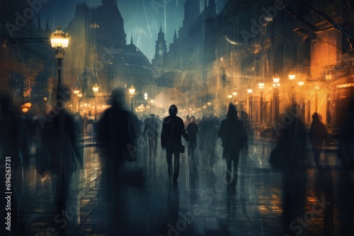 People walking in the city at night motion blur abstract background  A crowd of people walks in the city at night  creating a blurred background  AI Generated