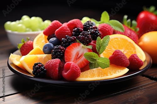 Fruits on plate  fruits decoration ready to eat  Fresh Fruit Variety on Tray Healthy Eating Diet Food Ai generated