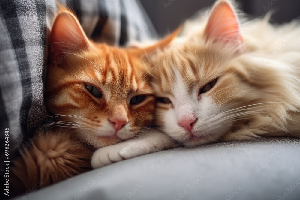 Cute ginger cat and red cat sleeping under blanket on sofa, A cute red cat and a black cat lie on a sofa in a close-up shot, AI Generated Cute ginger cat and red cat sleeping under blanket on sofa, A cute red cat and a black cat lie on a sofa in a close-up shot, AI Generated
