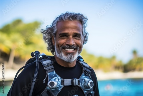 Portrait of happy senior man with scuba gear smiling at camera