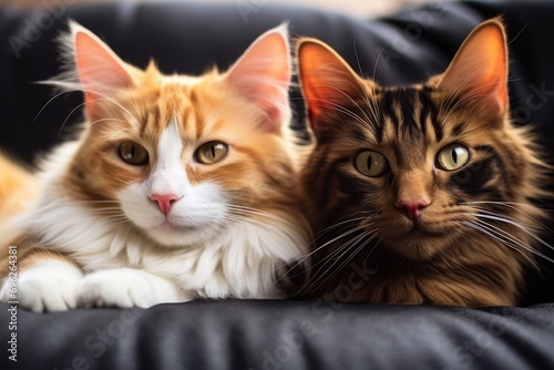 Two Maine Coon cats lying on black sofa and looking at camera, A cute red cat and a black cat lie on a sofa in a close-up shot, AI Generated