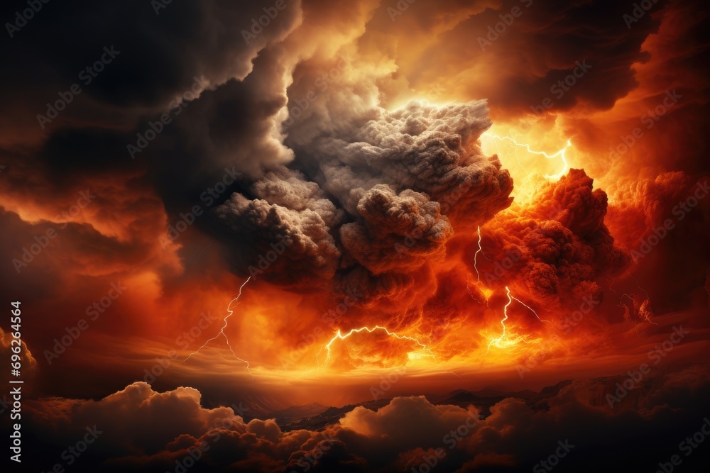 Image of explosion and cloud with lightning at night. Collage, A fire hurricane ravages the cloudscape in the sky, visually representing climate change-induced apocalypse and, AI Generated