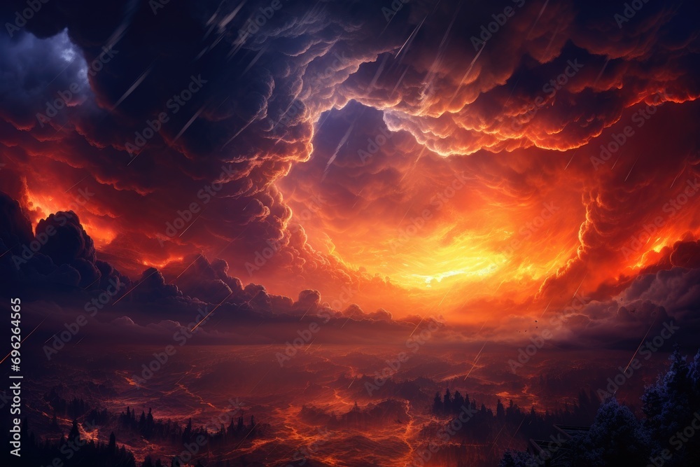 Fantasy landscape with red sky and dark clouds. 3d rendering, A fire hurricane ravages the cloudscape in the sky, visually representing climate change-induced apocalypse and, AI Generated