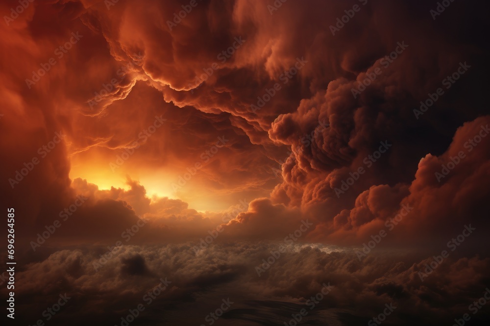 Fiery orange sunset sky with clouds. Dramatic cloudscape, A fire hurricane ravages the cloudscape in the sky, visually representing climate change-induced apocalypse and natural, AI Generated - obrazy, fototapety, plakaty 