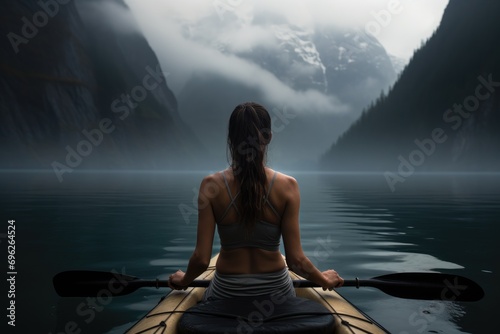 Young woman paddling a kayak on a misty lake, A female hiker walking in the mountains, no visible faces, natural background, AI Generated