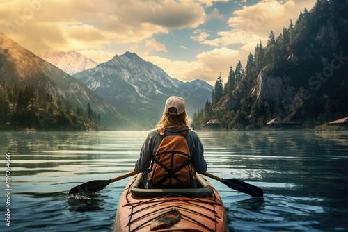 Woman kayaking on lake with mountains in the background at sunset, A female hiker walking in the mountains, no visible faces, natural background, AI Generated