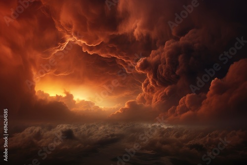 Fiery orange sunset sky with clouds. Dramatic cloudscape, A fire hurricane ravages the cloudscape in the sky, visually representing climate change-induced apocalypse and natural, AI Generated