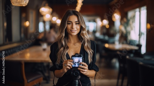 a young female social media influencer or video and photo media content creator sitting in front of the microphone in a cafe or at home preparing a podcast or editing a video material
