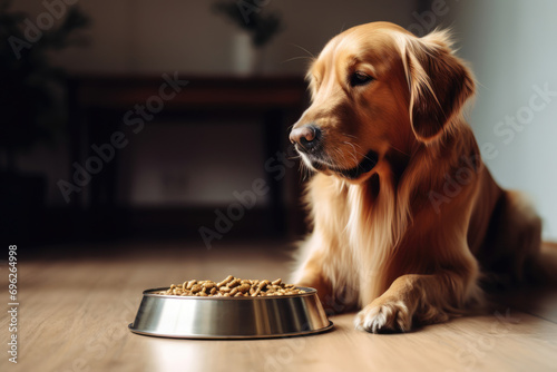 Golden retriever sitting next to a bowl of dog food, looking contemplative and calm indoors.