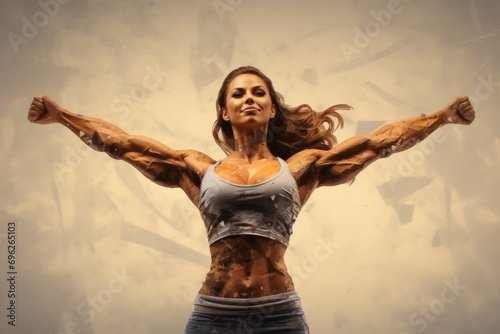 Portrait of a beautiful fitness woman flexing her muscles over grunge background, A fitness girl with arms stretched out, displaying detailed muscles, AI Generated
