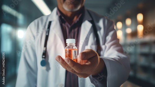 Guy doctor in profile studying the pill container and doing research, Generative AI. photo