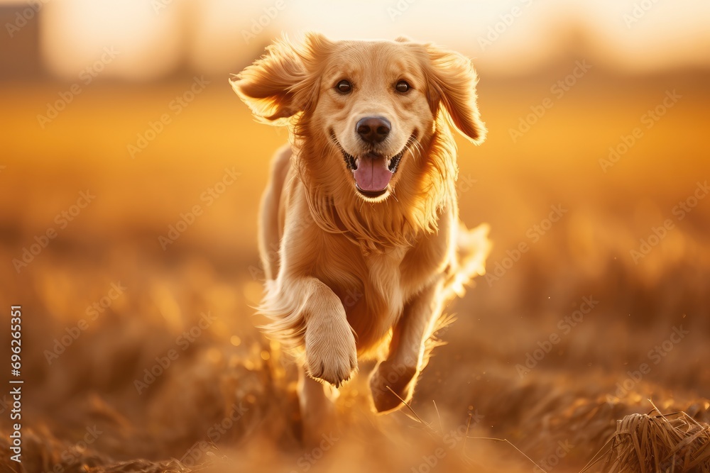 Golden Retriever running in the wheat field on a summer day, A Golden Retriever dog runs energetically in a field with a blurred background, AI Generated