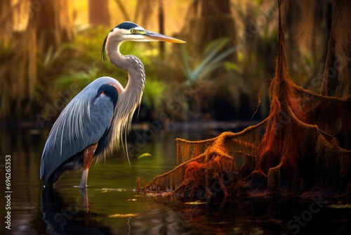 Great Blue Heron Ardea herodias in the swamp, A Great Blue Heron is captured in Everglades National Park, Florida, USA, AI Generated photo
