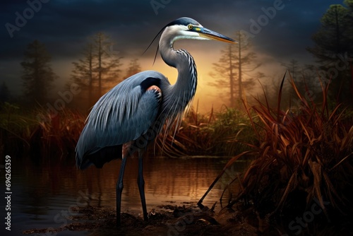 Heron in the swamp at sunset. 3D render. Wildlife scene, A Great Blue Heron is captured in Everglades National Park, Florida, USA, AI Generated photo