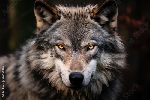Portrait of a gray wolf in the forest. Close-up  A Grey Wolf captured in a close-up portrait  staring intensely  AI Generated