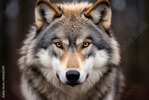 Portrait of a wolf on a black background. Close-up, A Grey Wolf captured in a close-up portrait, staring intensely, AI Generated