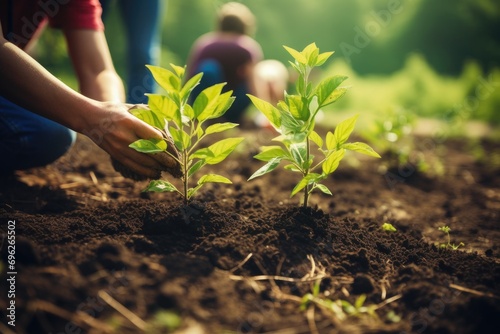 Group of young people planting seedlings in the ground. Selective focus, A group of people plants seedlings in the ground in a close-up shot, AI Generated