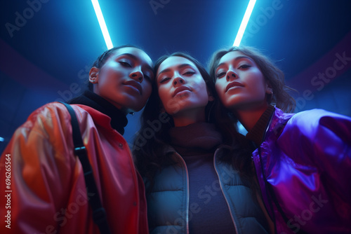 Group of young multiethnic women in fasion clothes taking a selfie. Generative AI photo