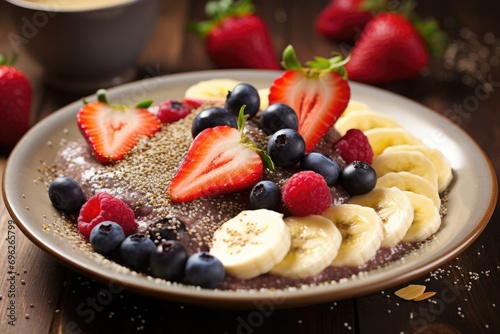 Chocolate smoothie bowl with fresh berries and banana on wooden background, A healthy breakfast featuring fresh berries, banana, chia seeds, and honey, AI Generated photo
