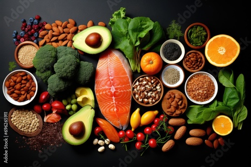 Healthy food clean eating selection: salmon, avocado, spinach, tomatoes, nuts, superfoods, seeds, fruits and vegetables, A healthy food clean eating selection, including fish, fruits, AI Generated