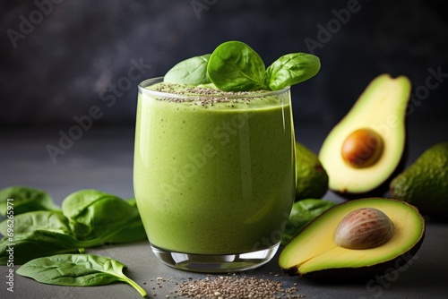 Healthy green smoothie with avocado, spinach and chia seeds, A healthy green smoothie with chia seeds, spinach, and apple is presented on a light background, AI Generated