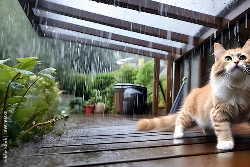 Cat eludes rain under the roof on a rainy day
Generative AI photo