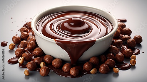 Hazelnut-infused chocolate paste set against a white backdrop, healthy, tasty, Generative AI.