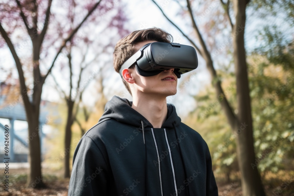 A man exploring the outdoors with a virtual reality headset A fictional character created by Generated AI. A man exploring the outdoors with a virtual reality headset A fictional character created by Generated AI.