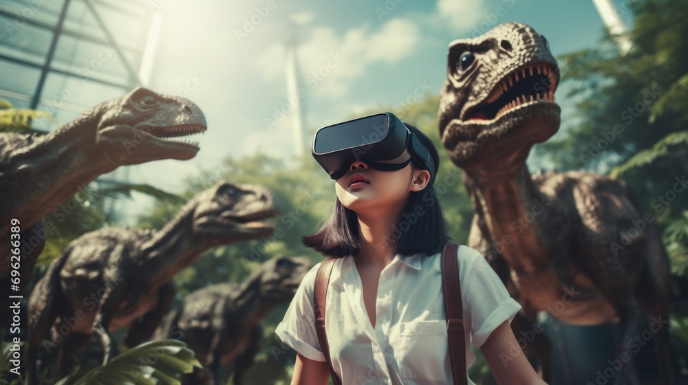 A woman exploring a virtual wildlife exhibit using augmented reality technology A fictional character created by Generated AI. 