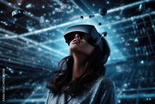 A woman enjoying a virtual reality experience with a VR headset A fictional character created by Generated AI.  © shelbys